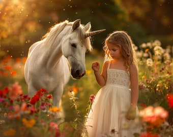 White Horse Unicorn in Flower Field Digital Background, Photoshop Creative Composite Photography, Fine Art portrait, Fairy, fantasy backdrop