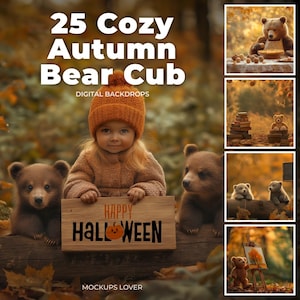 25 Fall Digital Background Photography, Teddy Bear, Bear Cub, Autumn Children Portrait, Autumn Forest, Woodland , Outdoor Creative Composite