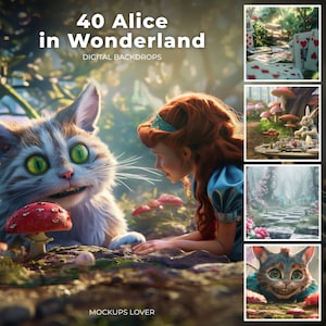 40 Alice in Wonderland Digital Background Bundle, Fine Art Portrait, Children Photography, Fairy Backdrop, Rabbit, Cat, Forest Whimsical