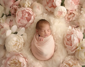 Newborn Digital Backdrop, Baby Girl Pink Cream Flowers, Spring Floral Composite digital background, Photoshop Overlays, Studio Background
