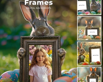 Easter Bunny holding picture frame digital overlays, Easter bundle, Easter Digital Backdrop, Easter Bunny Digital, Photo Editing