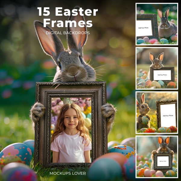 Easter Bunny holding picture frame digital overlays, Easter bundle, Easter Digital Backdrop, Easter Bunny Digital, Photo Editing