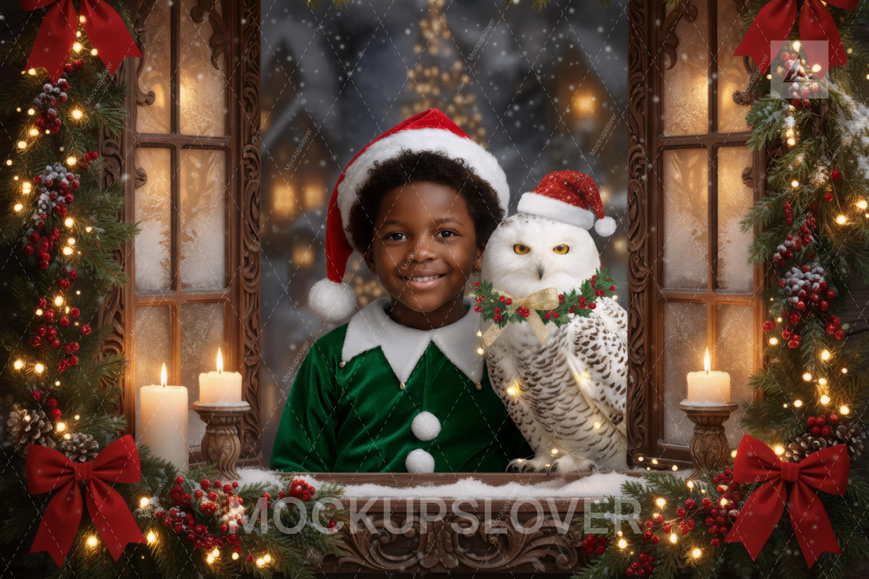 Christmas Window Digital Backdrop, Wise Owl, Winter Wonderland Photo Background, Holiday Kids Portra