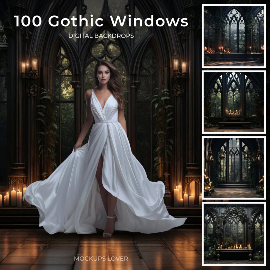 100 Gothic Window Halloween Digital Backdrops Set, Spooky Backdrop