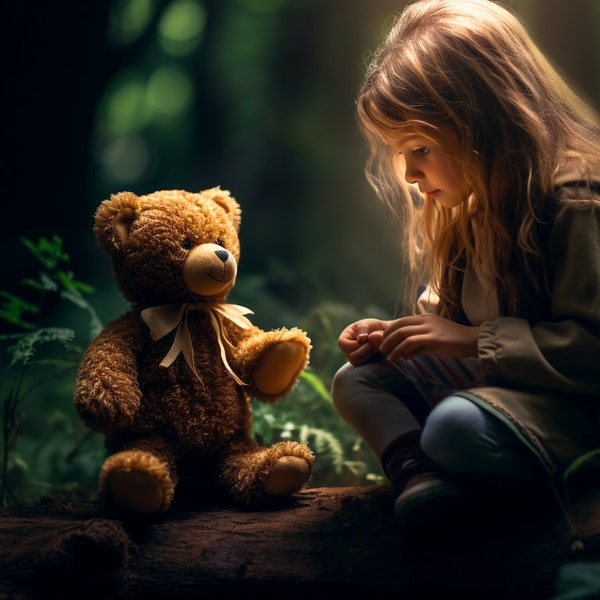 Teddy Bear in Mystic Woods Digital Background/Backdrop, Baby Photography, teddy bear props, photography backdrop, fairytale backdrop