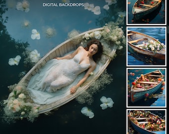 Floral Boats Digital Backdrops Bundle, Boat Backgrounds, Maternity Photoshop Backdrop Overlays, Studio Backdrop Overlays, Fine Art Textures