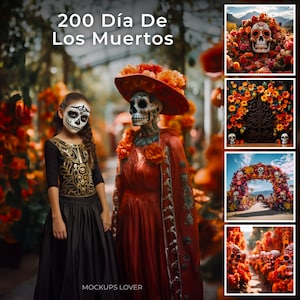 200 Jours des Morts Arrière-plans numériques mexicains, Mega Bundle mexicain, Milieux de papier peint, La Catrina, Têtes de mort en sucre, Souci, Cimetière