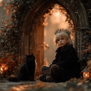 Halloween Black Cat Digital Photography Background, Gothic Arch, Autumn Haunted Forest Backdrop, Holiday Kids Prop, Photoshop Composite