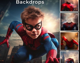 20 Spider Kid Super Hero Digital Backdrops, Spider Composite Cosplay Man Woman, Face Replace, Mega Bundle, Scrapbook, Photos, Comic Backdrop