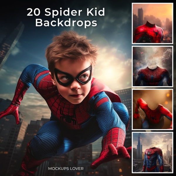 20 Spider Kid Super Hero Digital Backdrops, Spider Composite Cosplay Man Woman, Face Replace, Mega Bundle, Scrapbook, Photos, Comic Backdrop