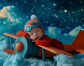 Newborn Airplane Digital Backdrop, newborn photoshop composite, creative imagery, digital newborn backdrop, blue skies, photoshop overlay