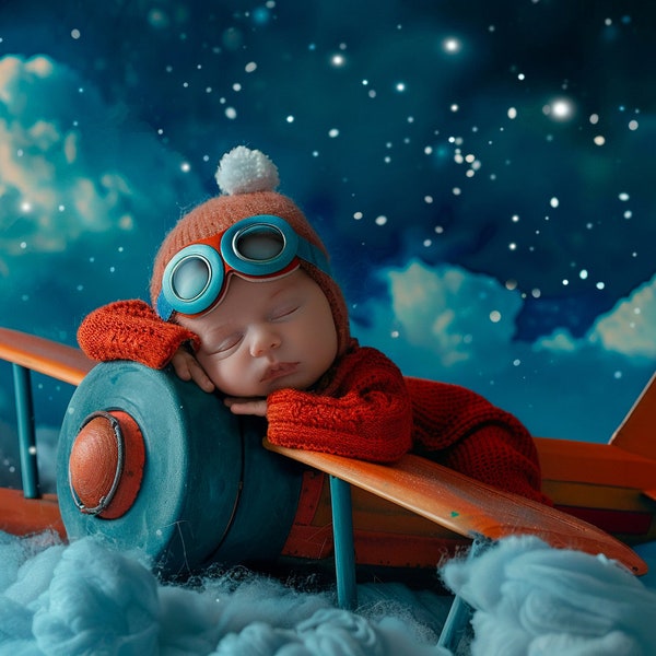 Newborn Airplane Digital Backdrop, newborn photoshop composite, creative imagery, digital newborn backdrop, blue skies, photoshop overlay