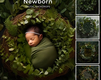 10 Newborn Digital Backdrops, Nature Digital Backgrounds, Fern Wreath Nest, green leaves, photoshop composite, digital imagery