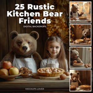 Fall Background Digital Photography Composite, Autumn Rustic Farmhouse Kitchen, Bear Baking Dinner Backdrop, Kid Fantasy Creative Portrait