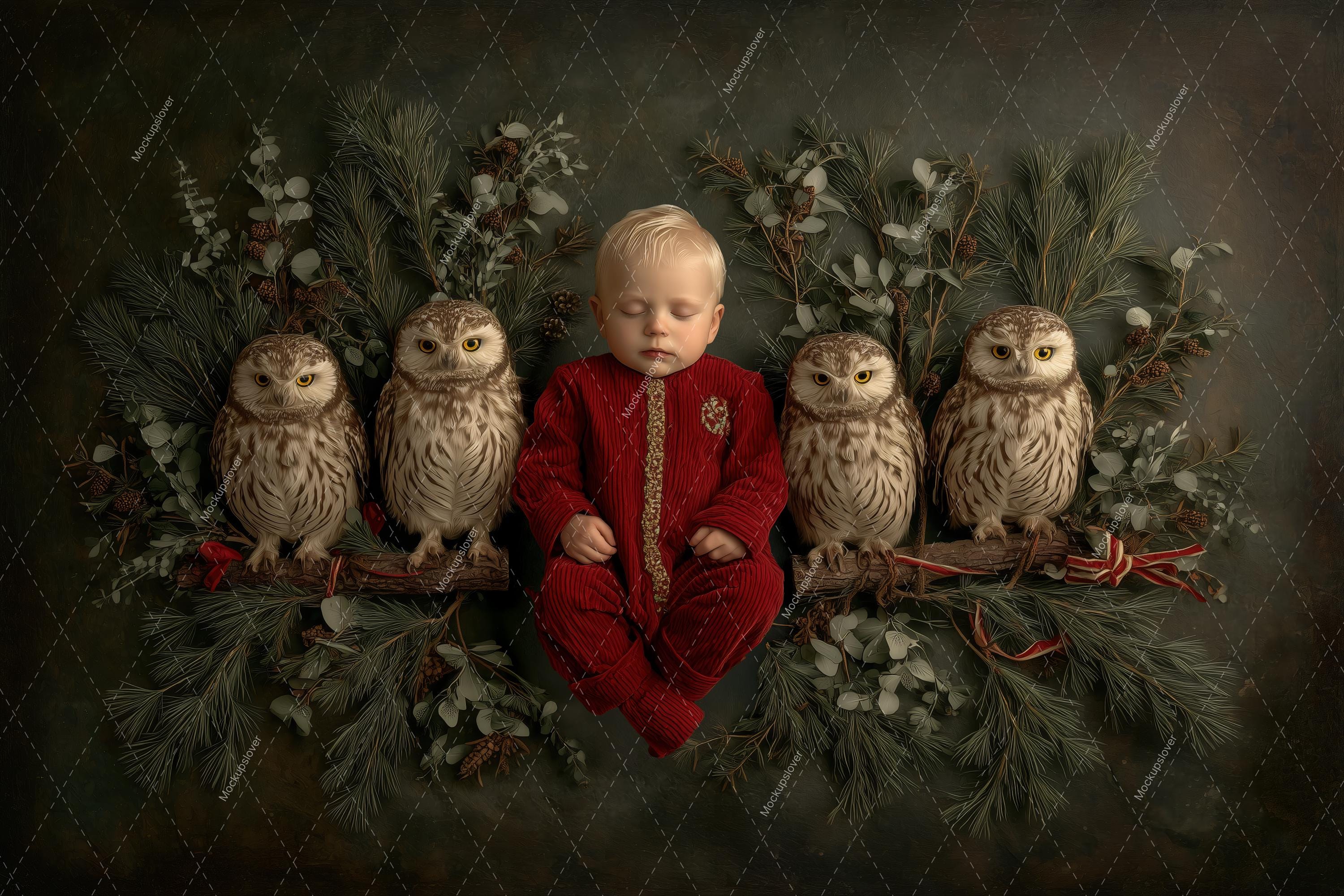 Christmas Woodland Animals Newborn Digital Backdrop, Wise Owls Photo Background, Holiday Studio Baby