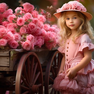 Pink roses cart digital backdrop,  Pink Roses Shop Cart, Valentines Backdrop, photography composite, summer garden path digital backdrop