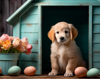 Easter Dog House Digital Backdrop, Spring Easter Backdrop, Easter Printable Card, Composite Photo, Pet Backdrop, Pet House Spring Background