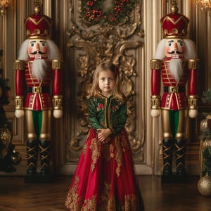 Christmas Giant Nutcracker Digital Photography Background, Holiday Palace Backdrop, Golden Xmas Family & Kids Portrait, Photoshop Template