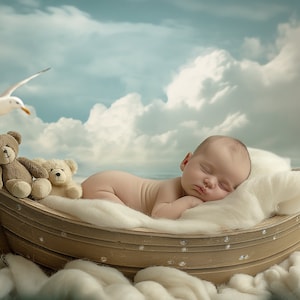 Sailboat Newborn Digital Background Baby Boy Girl, Fishing Boat Photography Backdrop, Wooden Boat, Ocean Sea, Baby Portrait Photo Prop