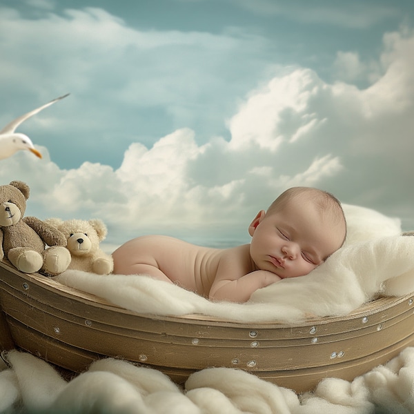 Sailboat Newborn Digital Backdrop baby boy girl, Fishing Boat Digital Backdrop, Wooden Boat, Ocean Sea Backdrop for Baby Portrait Photo Prop