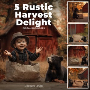 Fall Digital Background Photography, Bear Cub Creative Composite Backdrop, Farm Animals, Autumn Outdoor, Kids Photography Prop, Fall Leaves