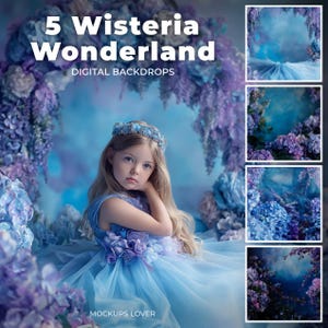 Blue Wisteria Flowers Vines Studio Digital Background, Fine Art Portrait photography Digital Backdrop, Fantasy Composite, Flower Arches