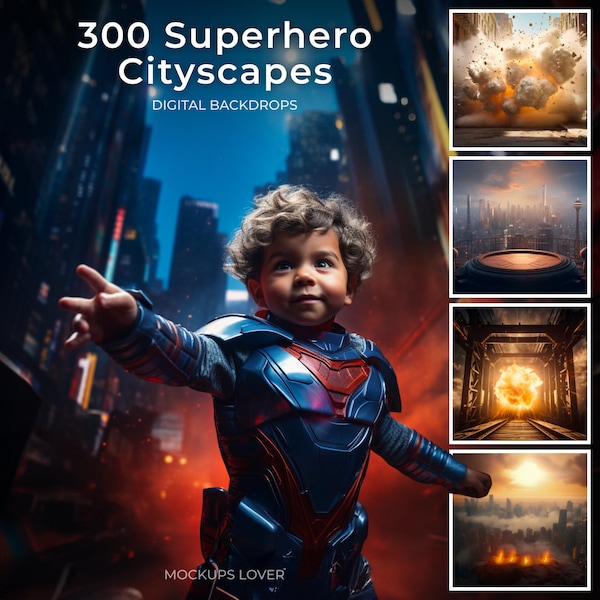 300 Super Hero Digital Background for Photography Compositions, Super Hero, Burning City for kids, Metropolis, City, Mega Bundle, Spider