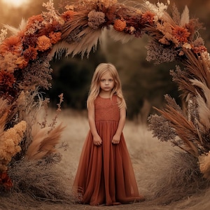 Fall Floral Arch Digital Background, Portrait Photography Backdrop, Autumn Leaves Archway, Children Creative Composite, Maternity, Wedding