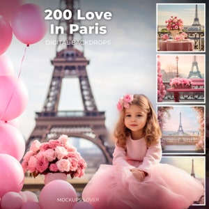 Fondos digitales con tema del Día de San Valentín de Amor en París, compuesto de fotografía, plantillas de fotos de mega paquete de San Valentín, imprimibles y tarjetas
