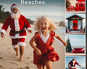 200 Digital Backdrops for a Christmas Beach Getaway, Featuring Christmas Trees, Sunny Santa Scenes, Black and White Santa, Holiday Backdrops