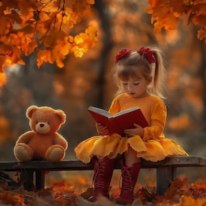 Fall Wooden Bench Digital Background, Teddy Bear, Kids Prop, Creative Composite Backdrop, Autumn Forest, Outdoor Photoshoot, Fall Leaves