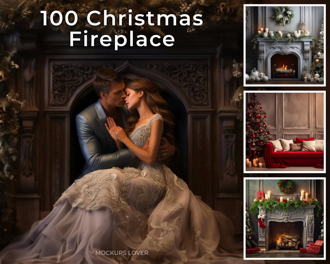100 Fireplace Christmas Digital Background Bundle, Vintage Xmas