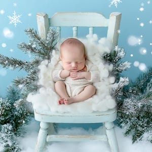 Winter Wonderland Newborn Digital Photography Background, Holiday Backdrop, Christmas Baby Prop, Chair & Snowflakes, Photoshop Template
