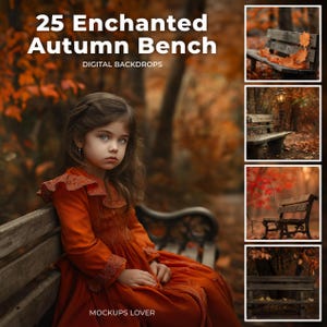 25 Fall Bench Photography Digital Background Bundle, Autumn Backdrop, Wooden Bench, Autumn Forest, Fall Leaves, Outdoor Photoshoot Template
