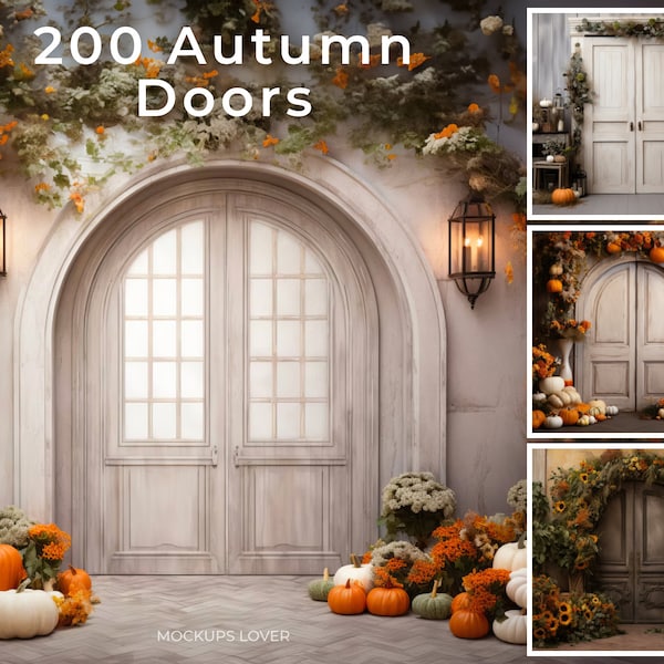 200 Telón de fondo digital de otoño, puerta principal decorada con calabazas, paquete de fondo de Halloween, compuesto de fotografía, conjunto imprimible