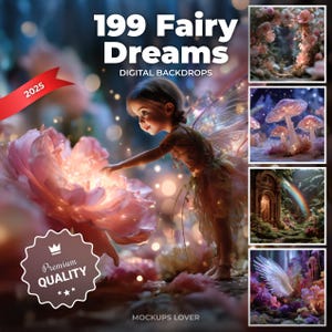 199 Fairy Digital Photography Background Bundle, Fantasy Forest, Wings, Giant Flower Garden Backdrop, Kids Photo Prop, Photoshop Template