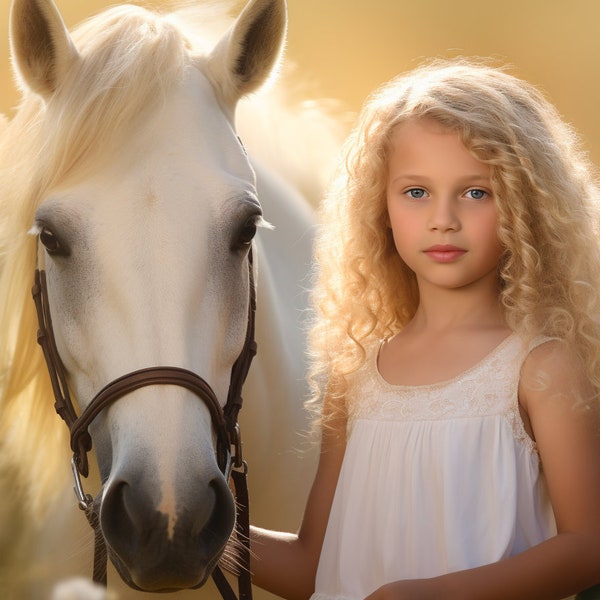 White Horse Maternity Wedding Portrait Digital Backdrop, Spring Floral Field Background, Horse Photo Shoot, Horse Wedding Maternity Prop