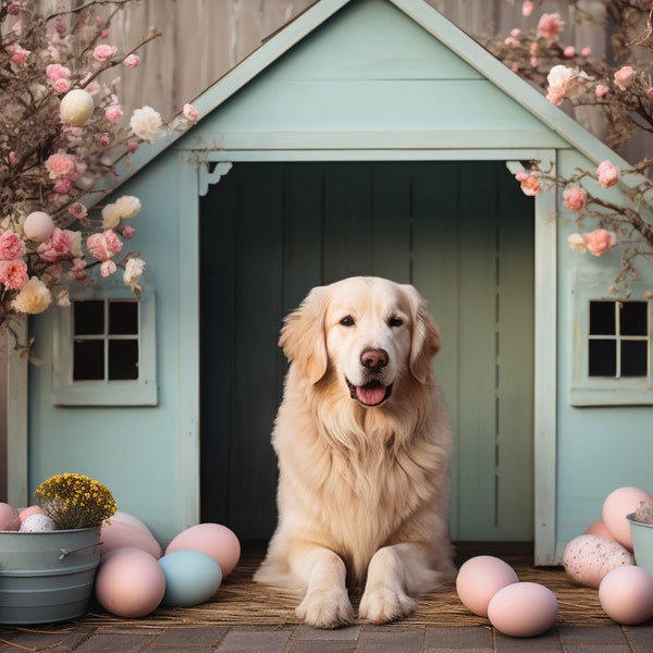 Easter Dog House Digital Backdrop, Spring Easter Backdrop, Easter Printable Card, Composite Photo, Pet Backdrop, Pet House Spring Background