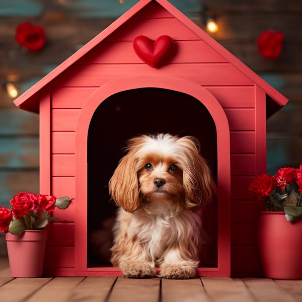 Valentine's Day Pet Portrait Digital Backdrop for Dogs and Cats, Dog House Digital Backdrop, Love Background for your pets, Composite Image