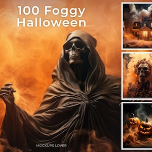 100 Halloween Set with Fog Background Bundle, jack o&#39; lantern, pumpkin, halloween backdrop, Horror, Photography Composite, Printable Set