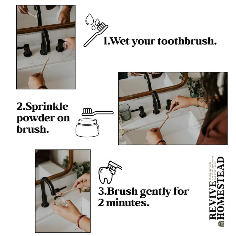 K&ouml;nnte beinhalten: Eine Schritt-f&uuml;r-Schritt-Anleitung zum Z&auml;hneputzen mit Zahnb&uuml;rste, Pulver und Waschbecken. Die Anweisungen lauten: 1. Befeuchten Sie Ihre Zahnb&uuml;rste. 2. Streuen Sie Pulver auf die B&uuml;rste. 3. Sanft 2 Minuten lang putzen. Das Revive Homestead Logo.