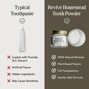 K&ouml;nnte beinhalten: Bild, das typische Zahnpasta in einer Tube mit Revive Homestead Tooth Powder in einem Glas vergleicht. Die Zahnpasta ist mit einem traurigen Gesicht und negativen Attributen gekennzeichnet. Das Zahnpulver ist mit einem fr&ouml;hlichen Gesicht und positiven Attributen gekennzeichnet.