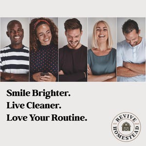 K&ouml;nnte beinhalten: Werbebild mit f&uuml;nf l&auml;chelnden Personen. Darunter steht der Text "Smile Brighter. Live Cleaner. Love Your Routine." Ein Logo mit "Revive Homestead Est. 2023" ist ebenfalls vorhanden.