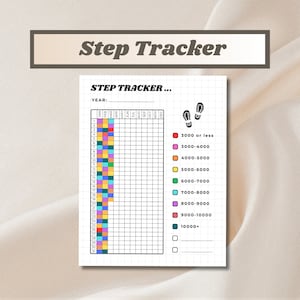 May include: A printable step tracker with a grid for tracking steps taken each day of the year. The grid is color-coded to indicate the number of steps taken, with different colors representing different step ranges. The step ranges are: 3000 or less, 3000-4000, 4000-5000, 5000-6000, 6000-7000, 7000-8000, 8000-9000, 9000-10000, and 10000+.