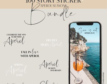 May include: A set of 100 Instagram story stickers featuring various designs and phrases related to Aperol, a popular Italian aperitif. The stickers include phrases like "Celebrate the New Year with Aperol", "Fall in love with Aperol", "Spring Aperol Date", "First Sunshine First Aperol", "Ho Ho Holy Aperol", "Aperol Season Has Begun", "Cheers to a Summer Full of Aperol", and "Sun is out, Aperol is in".