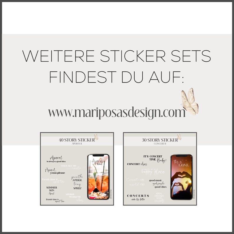 May include: Two digital phone screen mockups with sticker sets for Instagram stories. The left mockup features a set of 40 stickers with the text "Aperol Spritz" and "Summer Sun". The right mockup features a set of 30 stickers with the text "Concert Time, Baby!" and "Happy Place".