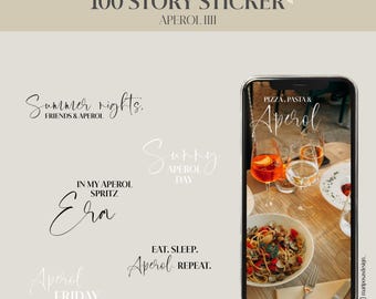 May include: A digital graphic featuring text overlays for social media stories. The words include "Summer nights," "Sunny Aperol Day," and "Eat. Sleep. Aperol. Repeat." A phone screen displays Aperol cocktails and pasta.