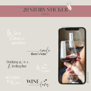 Könnte beinhalten: Digitales Grafikdesign mit Aufklebern zum Thema Wein für soziale Medien. Die Aufkleber enthalten Sätze wie „Wein ist immer eine gute Idee“ und „Mein Wein-Bestie“. Das Bild zeigt auch ein Telefon, das Weingläser anzeigt.