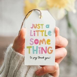 May include: A white gift tag with the text "JUST a LITTLE SOMETHING to say thank you!" in colourful, playful lettering. The tag is held by a person and has a brown string attached.