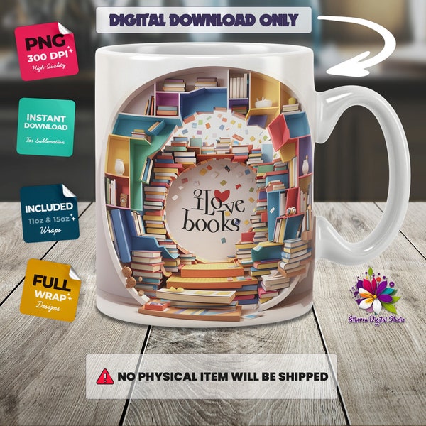 3D Book Mug Wrap, 3D Bookshelf Mug Sublimation, 3D Bookshelf Mug PNG, 3D Book Lover Mug, Sublimation PNG, 11oz Mug Design, 15oz Mug Design